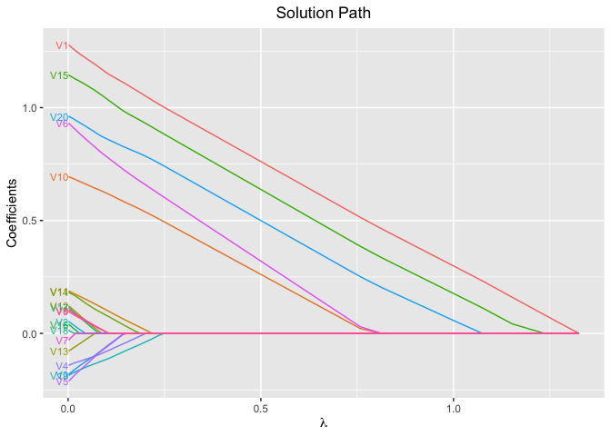 solution path plot for single model fit using L1 penalty