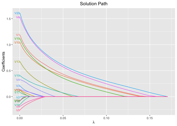 solution path plot for single model fit using L1 penalty for binary data